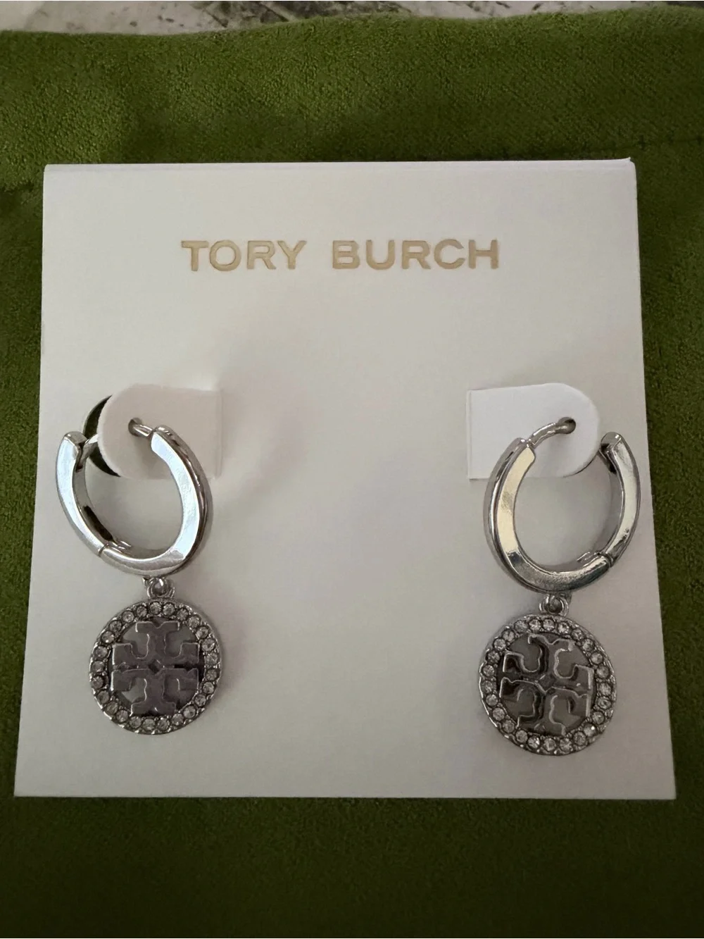 Tory Burch Silver Tone Crystal Paved Dangling Huggies Earrings